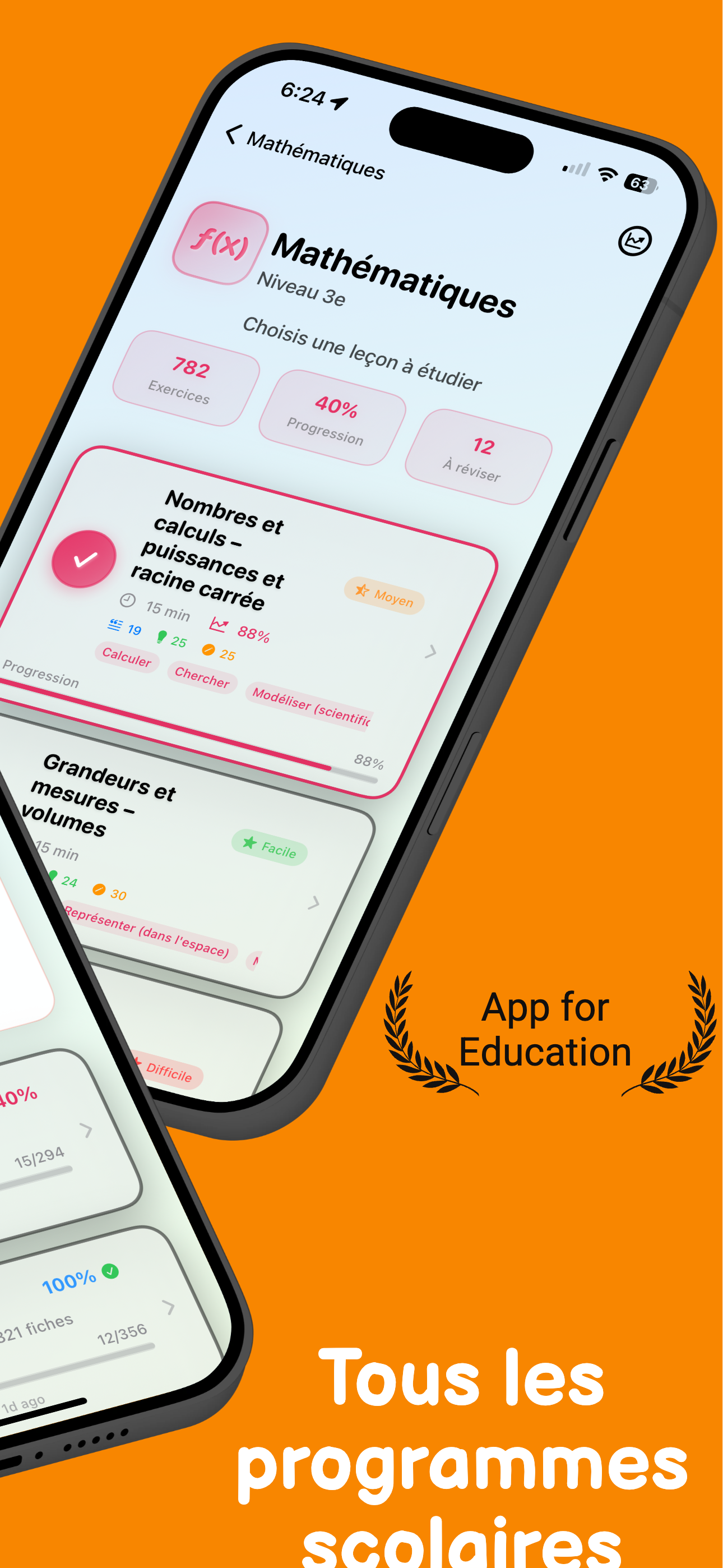 MémoCollège - Écran de sélection des matières scolaires (Français, Maths, Histoire, SVT)